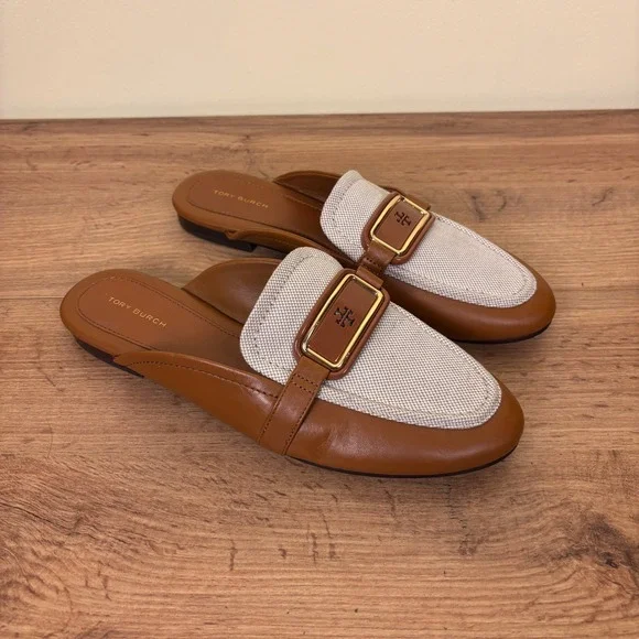 TORY BURCH Georgia Backless Loafer Mule Tan Ivory Women Size 8.5 Leather Woven