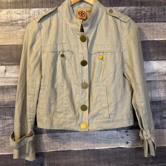 Tory Burch Womens Khaki Linen Military‎ Style Jacket 2 Minimalist Quiet Luxury