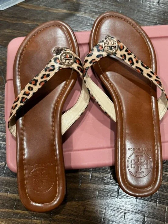 Tory Burch Leopard Print Thong Sandals in Brown