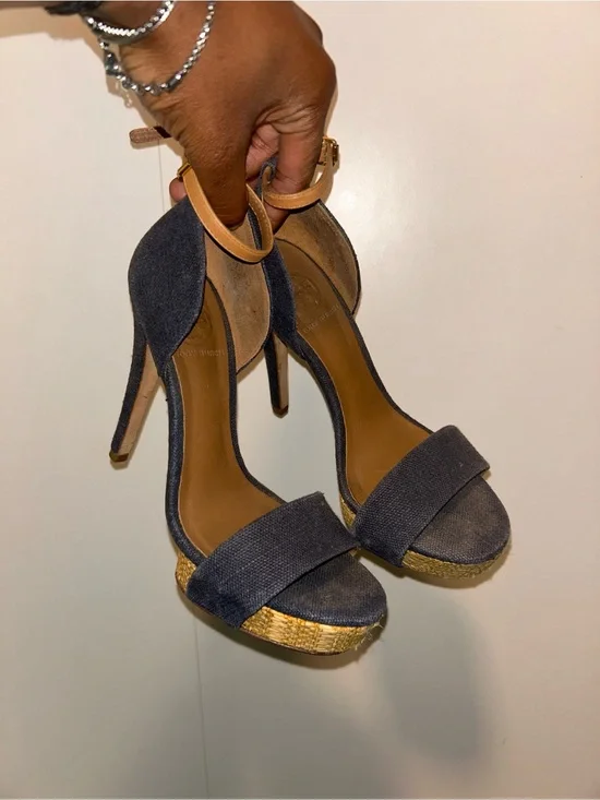 Tory Burch High Heel Ankle Strap Sandals in Dark Blue with Tan Accents