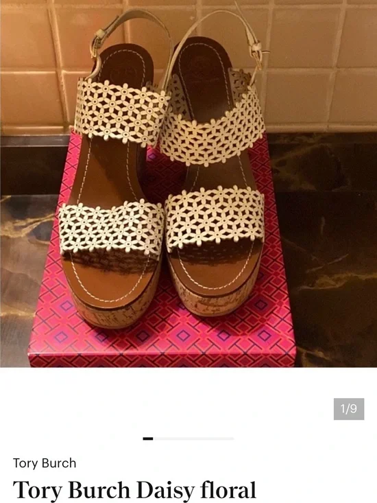 Tory Burch Cream Daisy Laser-Cut Cork Wedge Sandals 11 GC