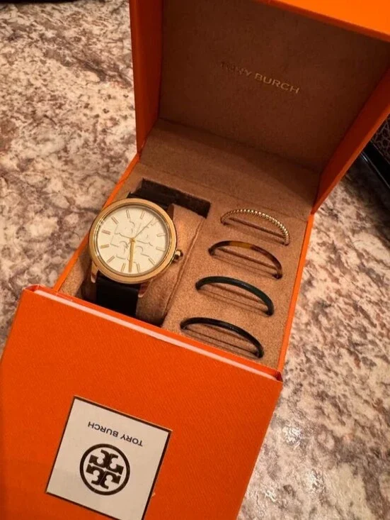 Tory Burch Men's Gold Case Watch with White Dial and Black Strap
