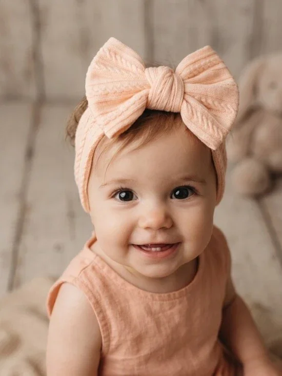 Boho Kids Bowknot Headband Peach Cable Knit Baby Girl Turban Soft Hairband