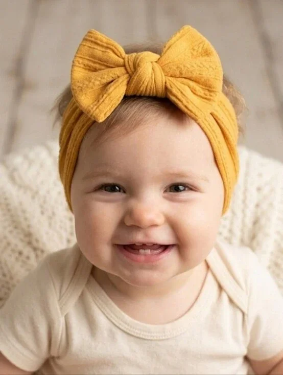 Boho Kids Bowknot Headband Mustard Yellow Cable Knit Baby Turban Soft Hairband