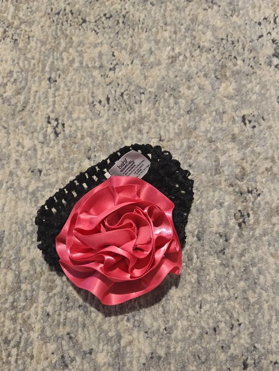 Baby Girl Black Crochet Headband with Pink Satin Flower