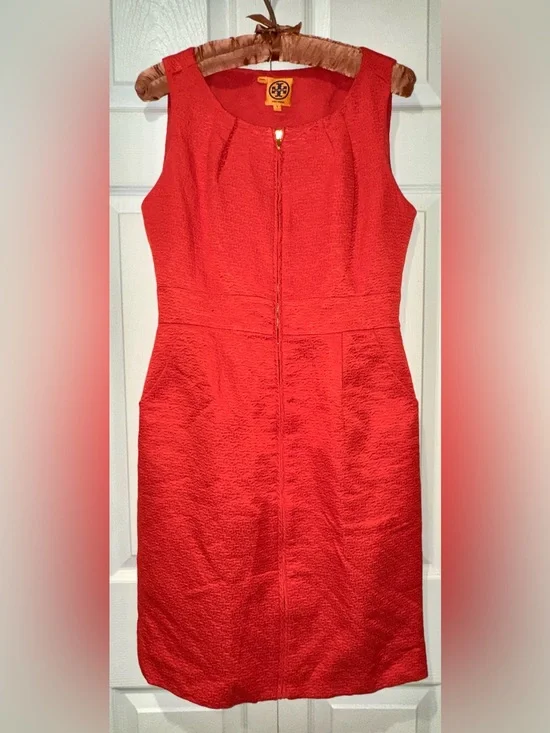 Tory Burch Zachary Poppy Red Textured Silk Blend Sheath Dress Size 4
