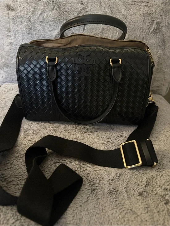 Tory Burch Black Woven Leather Messenger Bag with Gold Hardware