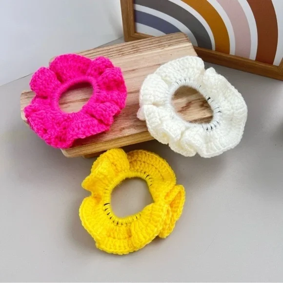 Handmade Scrunchies Crochet Set of 3 Yellow Pink White