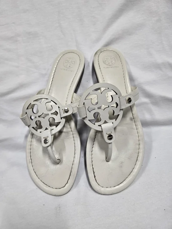 Tory Burch White Logo Cutout Thong Sandals
