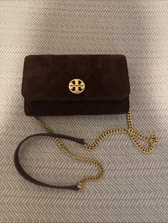 Tory Burch Willa Suede wallet on a chain.