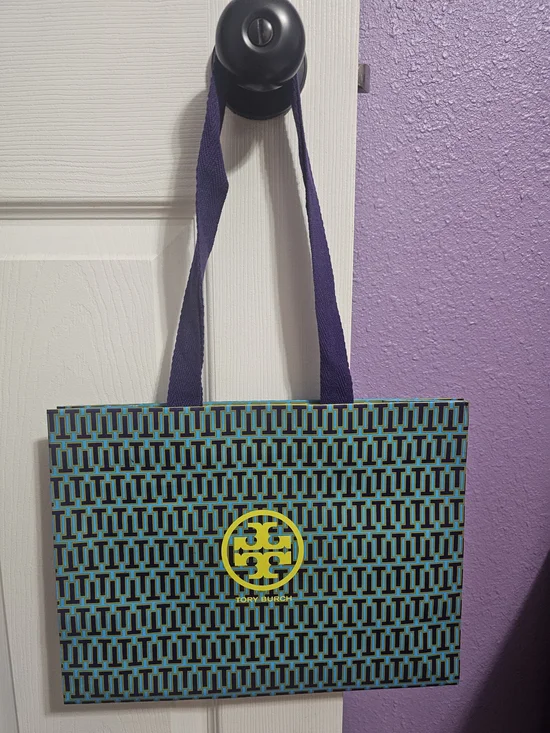 Small Tory Burch Teal and Yellow Geometric Logo Tote
