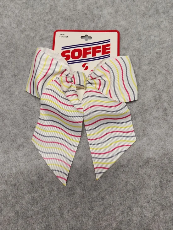 3 Pack-Soffe Striped Bow Scrunch - White with Pink, Yellow & Blue Stripes