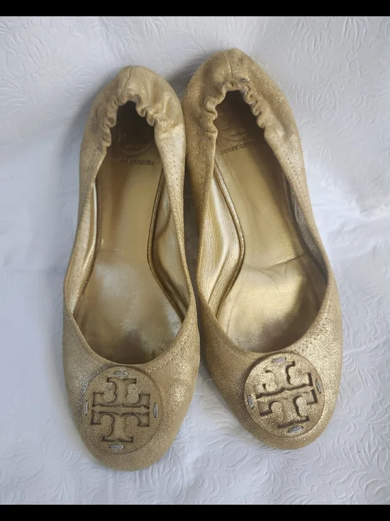💜Tory Burch Reva Metallic Gold Leather Ballet Flats with Logo Size 9