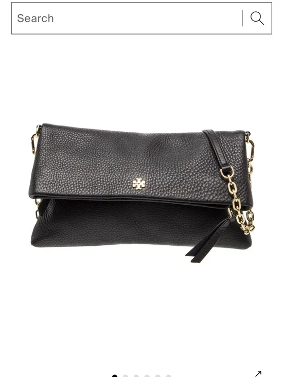 Tory Burch Black Pebbled Leather Fold-Over Crossbody with Gold Chain