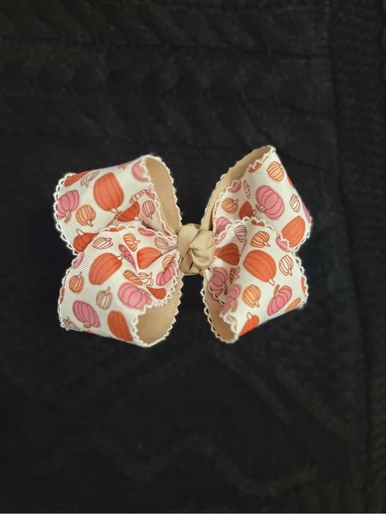 Kids Pumpkin Print Bow Hair Clip - Beige, Orange & Pink