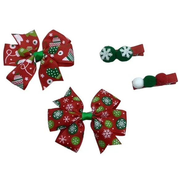 Christmas Winter Holiday Hair Bows Barrettes Clips Lot of‎ 4 Snowflakes Mittens