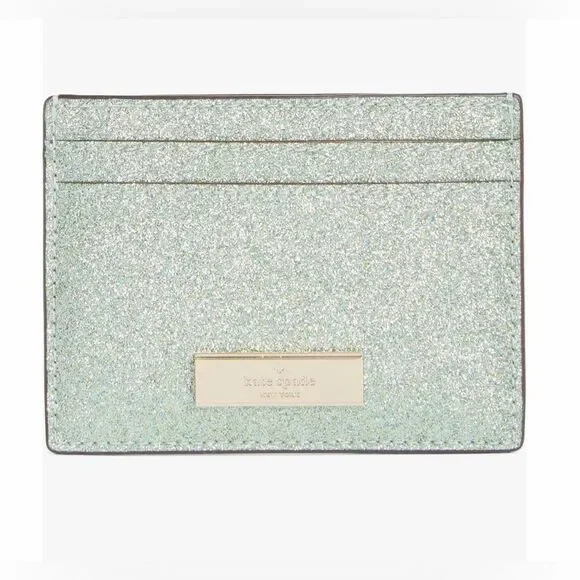 Kate Spade New York Sparkle Kenzie Glitter Card Case Seawater Mint Green OS NIB