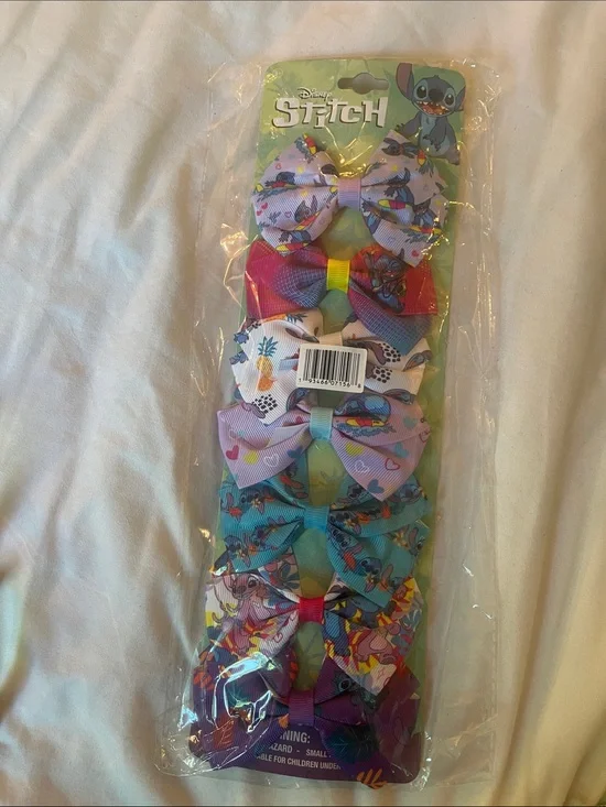 Disney Pastel & Bright Stitch Pattern Bow Clip Set 7 bows nwt