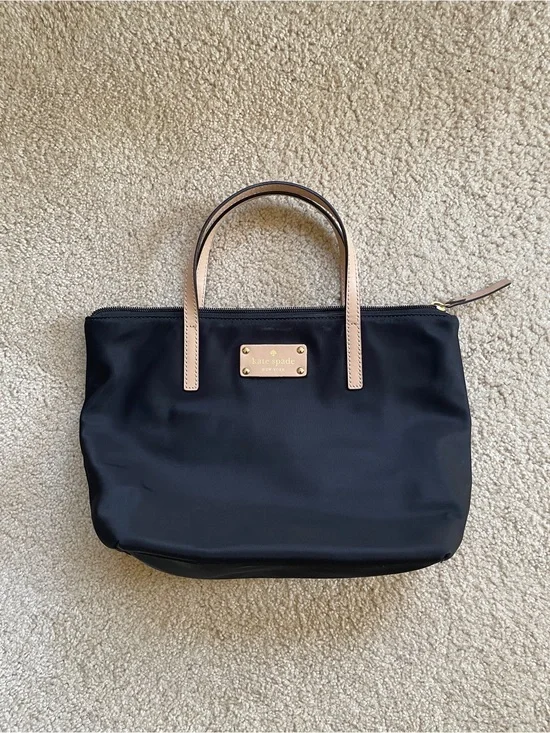 kate spade Black Nylon Tote with Neutral Leather Handles and Gold Plaque