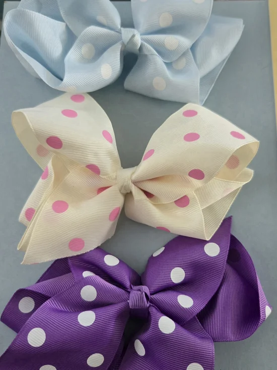 Kids Polka Dot Grosgrain Hair Bows - Set of 3 (Blue, Cream, Purple)