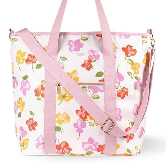 Kate Spade Cooler Tote Bag Spring Pansies Pink Pattern Zip Top 15.5 X 19.5 NWT