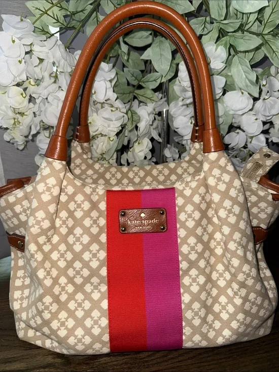 kate spade Beige Canvas Satchel with Red & Pink Center Stripe