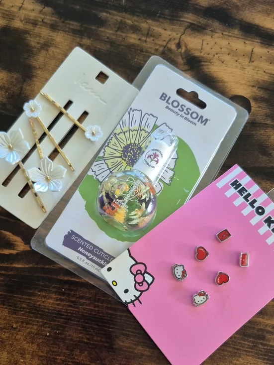 Hello Kitty Pink and Red Enamel Stud Earring Set with White Floral Hair Pins