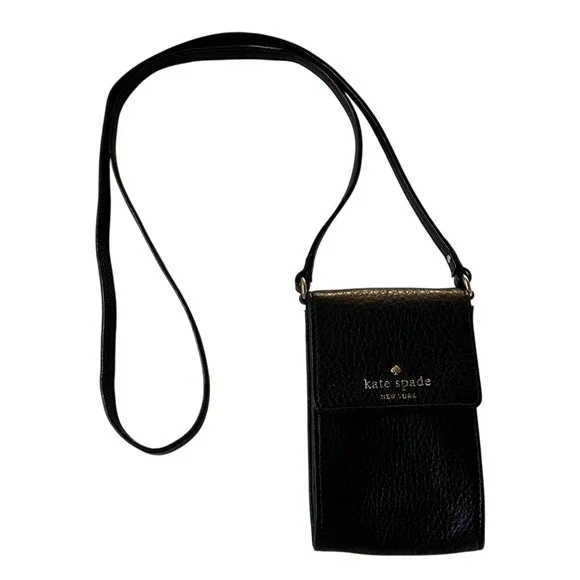 Kate Spade Phone Crossbody‎ Bag Womens Small Black Pebbled Leather Gold Logo