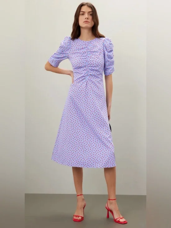 Kate Spade New York Spring Blue and Red Time Dot Ruched Dress
