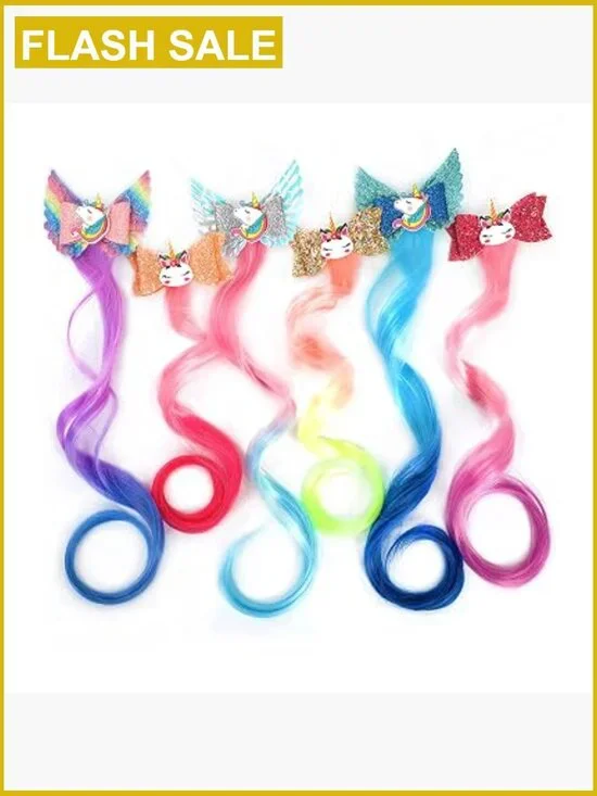 6 Unicorn Hair Bows Clips Glitter Braided Curly Wig Hair Extensions 6pcs