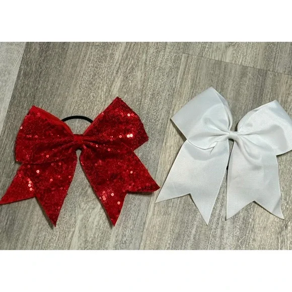 Cheerleading‎ Hair Bows Set Red Sequin & White Competition Dance Team Kids