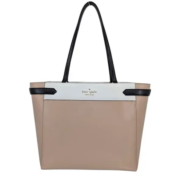Kate Spade Staci Saffiano Leather Tote Beige Black Work Bag Large