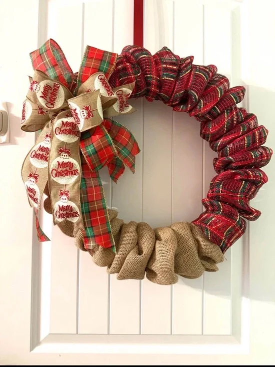 Hand Crafted Red Plaid & Natural Burlap Christmas Wreath