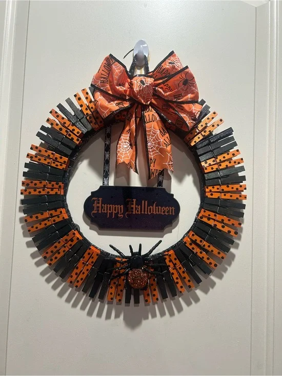 Halloween Orange & Black Wreath with Bow and Spider - Happy Halloween