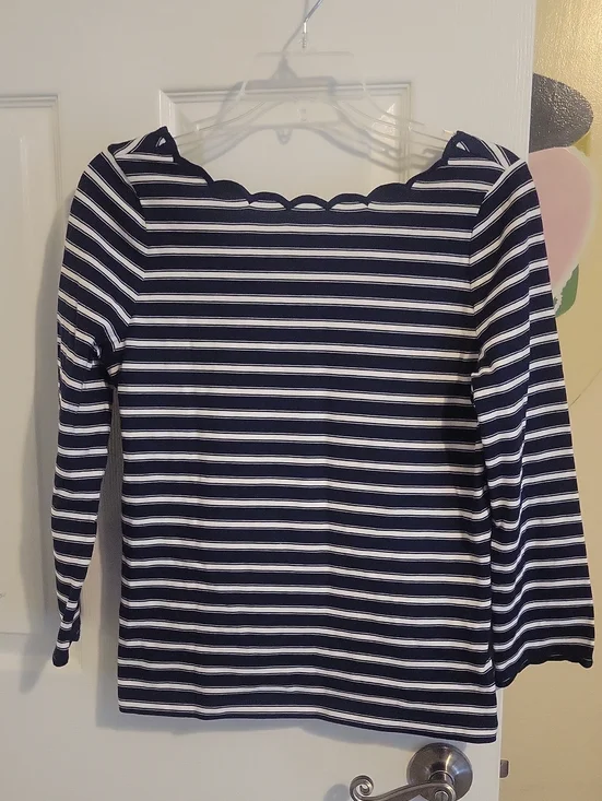 kate spade SzSm Cotton Scalloped Neck Lower back dip navy and white striped top