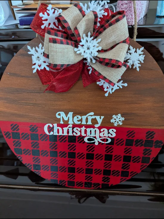 Merry Christmas Buffalo Plaid Wood Door Hanger with Bow