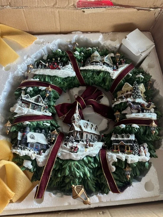 Thomas Kinkade Green Holiday Village Wreath with Burgundy Ribbon