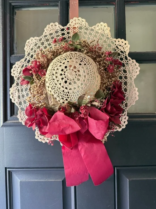 Vintage Handcrafted Cream Crochet Straw Hat Wreath with Deep Pink Floral Ribbon