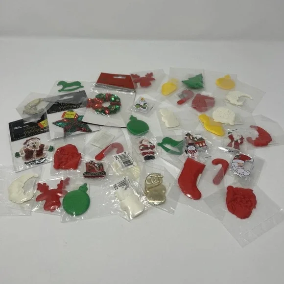 36 Christmas Holiday Appliqués Sequin, Wooden, Satin All NEW Sealed Santa Wreath