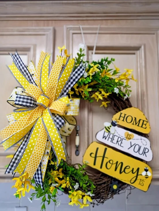 Yellow & Black Bee-Themed Spring Wreath with Ribbon Bow
