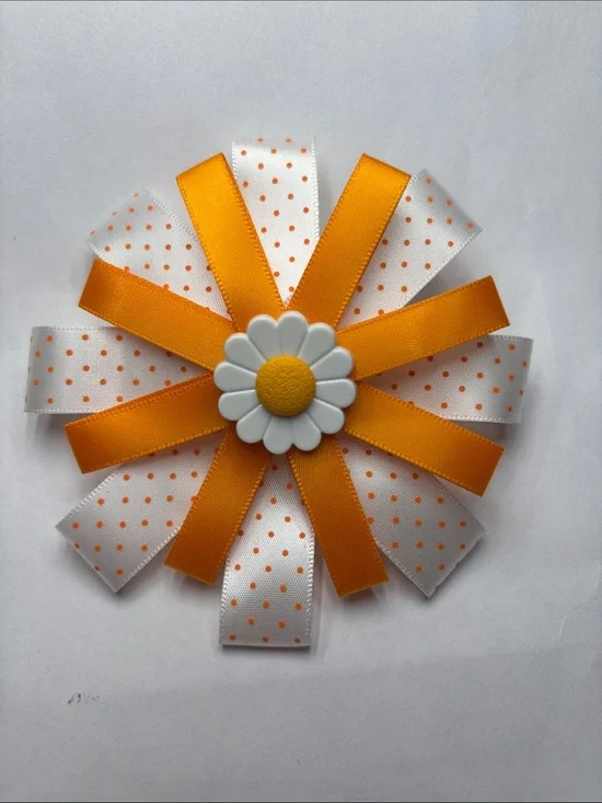 Daisy Ribbon Hair Bow - Orange & White Polka Dot