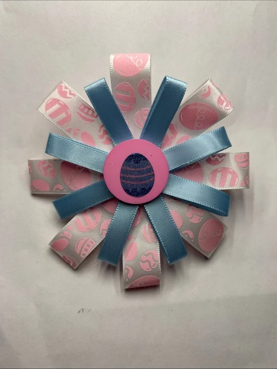 Easter Ribbon Flower Hair Bow - Pink & Light Blue