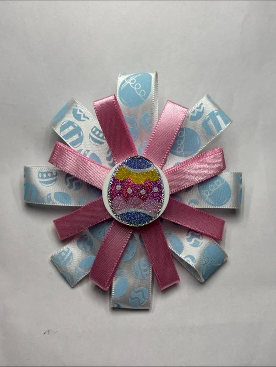 Pink & Light Blue Easter Ribbon Hair Bow with Glitter Egg Accent
