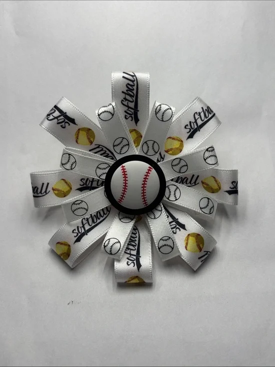 White Softball Ribbon Hair Bow with Softball Center