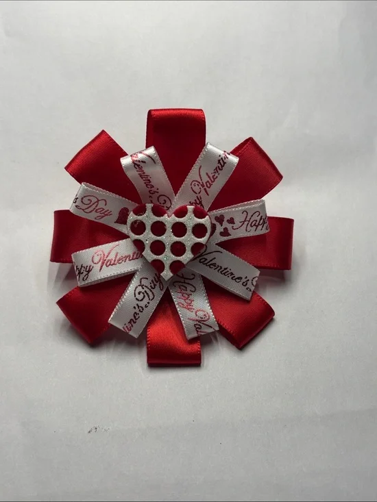 Valentine's Red & White Ribbon Heart Hair Bow