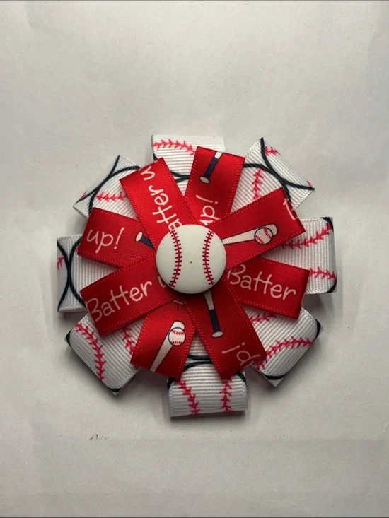 Baseball Ribbon Flower Hair Bow - Red and White