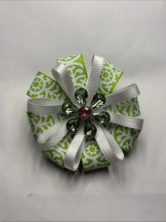 Green and White Floral Ribbon Hair Bow with Jewel Center