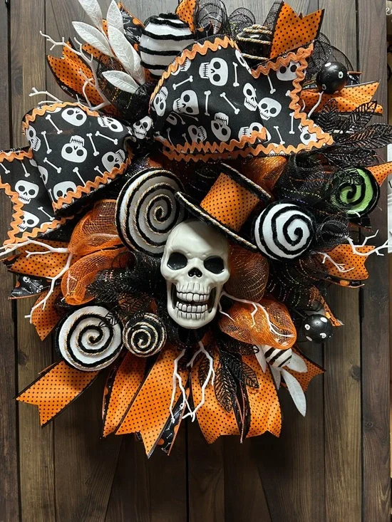 Handmade Halloween Skull Wreath - Orange & Black Holiday Décor