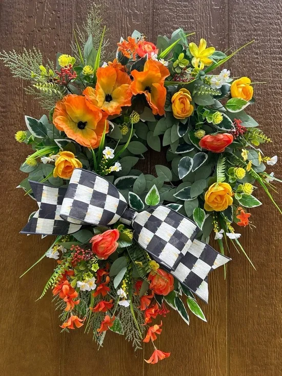 Handmade Spring/Summer Orange & Yellow Floral Wreath with Black Check Bow