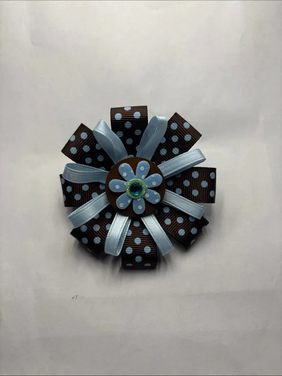 Blue & Brown Polka Dot Ribbon Flower Hair Bow